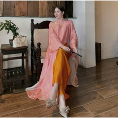 Áo dài suông 4 tà màu hồng phối quần cam trẻ trung sang trọng vải tằm nha xá cao cấp - Áo Dài Linh Đan