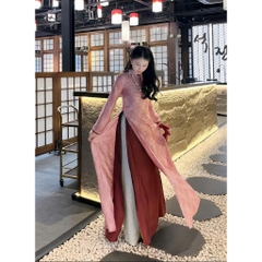 Áo dài suông 4 tà màu hồng trẻ trung vải lụa tằm nha xá cao cấp - Áo Dài Linh Đan