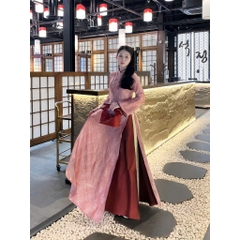 Áo dài suông 4 tà màu hồng trẻ trung vải lụa tằm nha xá cao cấp - Áo Dài Linh Đan