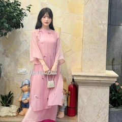 Áo dài cách tân tơ thêu màu hồng- Áo Dài Đan Linh