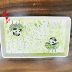 Dĩa Bàn Trà Sứ Cảnh Đức Gấu Trúc Vẽ Tay - Chữ Nhật