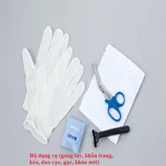 Bộ dụng cụ (găng tay, khẩu trang, kéo, dao cạo, gạc, khăn ướt)