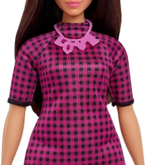 Mattel - Barbie Fashionista Doll, Pink and Black Checkered Dress, Pink Books, Pink "Love" Necklace and Long Brown Hair (Large Item, Doll)