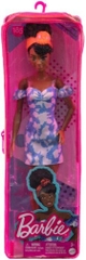 Mattel - Barbie Fashionista Doll, Off Shoulder Bleached Denim Dress, White Booties, Orange Hair Bandana, Curly Brown Hair (Large Item, Doll)