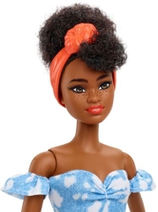 Mattel - Barbie Fashionista Doll, Off Shoulder Bleached Denim Dress, White Booties, Orange Hair Bandana, Curly Brown Hair (Large Item, Doll)