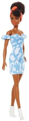 Mattel - Barbie Fashionista Doll, Off Shoulder Bleached Denim Dress, White Booties, Orange Hair Bandana, Curly Brown Hair (Large Item, Doll)
