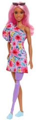 Mattel - Barbie Fashionista Doll, One Shoulder Floral Dress, Cat-Eye Sun Glasses, Blue Sneakers, Long Pink Wavey Hair and Purple Prosthetic Leg (Large Item, Doll)