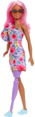 Mattel - Barbie Fashionista Doll, One Shoulder Floral Dress, Cat-Eye Sun Glasses, Blue Sneakers, Long Pink Wavey Hair and Purple Prosthetic Leg (Large Item, Doll)