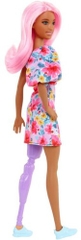 Mattel - Barbie Fashionista Doll, One Shoulder Floral Dress, Cat-Eye Sun Glasses, Blue Sneakers, Long Pink Wavey Hair and Purple Prosthetic Leg (Large Item, Doll)