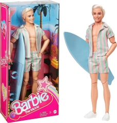 Mattel - Barbie The Movie Ken Doll Wearing Pastel Striped Beach Matching Set with Surfboard (Large Item, Doll)