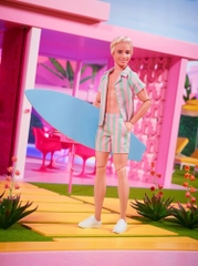 Mattel - Barbie The Movie Ken Doll Wearing Pastel Striped Beach Matching Set with Surfboard (Large Item, Doll)