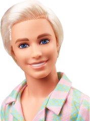 Mattel - Barbie The Movie Ken Doll Wearing Pastel Striped Beach Matching Set with Surfboard (Large Item, Doll)