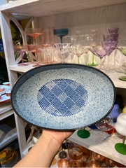 Đĩa oval sâu 22cm xanh kẻ viền đen