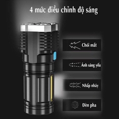 Đèn Pin Cầm Tay 4 Bóng Siêu Sáng Siêu Chiếu Xa, Nhiều Chế Độ, Có Đèn Led Hông