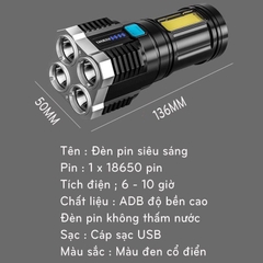 Đèn Pin Cầm Tay 4 Bóng Siêu Sáng Siêu Chiếu Xa, Nhiều Chế Độ, Có Đèn Led Hông