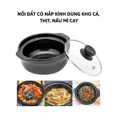 Nồi Đất Có Nắp Kính Dùng Kho Cá, Thịt, Nấu Mì Cay Size 1 L, 2 L