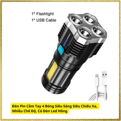 Đèn Pin Cầm Tay 4 Bóng Siêu Sáng Siêu Chiếu Xa, Nhiều Chế Độ, Có Đèn Led Hông