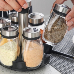 Bộ 6 Hũ Đựng Gia Vị Thủy Tinh Kèm Giá Xoay 360 Độ