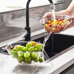 Rổ nhựa rửa rau củ thế hệ mới có phễu thoát nước tiện lợi, ráo nhựa trong suốt