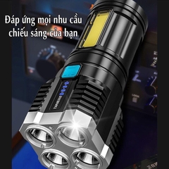 Đèn Pin Cầm Tay 4 Bóng Siêu Sáng Siêu Chiếu Xa, Nhiều Chế Độ, Có Đèn Led Hông