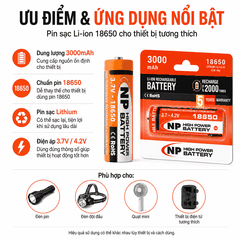 Pin NP 18650 3.7V Đầu Lồi 3000mAh – Pin Sạc Lithium-ion Cho Đèn Pin, Quạt Mini, Thiết Bị Điện Tử