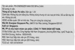 Vỉ 6 viên Pin Energizer Max AAA E92 bp4+2