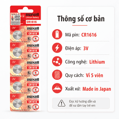 Vỉ 5 viên pin Maxell CR1616 Lithium 3V made in JAPAN