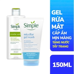 Gel rửa mặt Simple Micellar Gel Wash-cấp ẩm mịn màng tuýp 150ml (tặng nước tẩy trang 200ml)