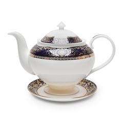 Bộ tách trà Windsor cỡ to (ấm 1,3L+ tách 220ml) hoa văn vàng 24k sứ xương Hàn Quốc Haengnam 6952