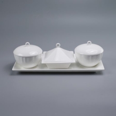 Bộ khay chữ nhật và 2 bát tròn, 1 bát vuông có nắp đựng mứt, ô mai Tết trắng sứ tro xương Hàn Quốc