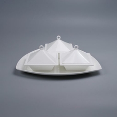 Bộ khay tam giác và 3 bát vuông có nắp đựng mứt, ô mai Tết trắng sứ tro xương Hàn Quốc