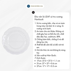 Đĩa tròn vân lá LEAF trắng sứ tro xương Hàn Quốc Hankook