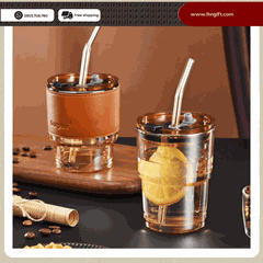 Ly thủy tinh bọc da , cốc thủy tinh bọc da 450ml kèm ống hút sang trọng