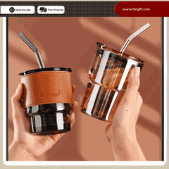 Ly thủy tinh bọc da , cốc thủy tinh bọc da 450ml kèm ống hút sang trọng