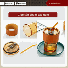Ly thủy tinh bọc da , cốc thủy tinh bọc da 450ml kèm ống hút sang trọng