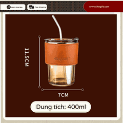 Ly thủy tinh bọc da , cốc thủy tinh bọc da 450ml kèm ống hút sang trọng