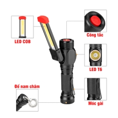 Đèn Pin LED COB + T6 Dùng Pin 18650 Sạc Pin Đa Năng, Đế Nam Châm W550