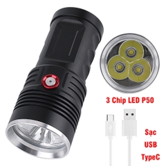 Đèn Pin 3 LED P50 Siêu Sáng Dùng 4 Pin 18650 Cổng Sạc Thân Type C