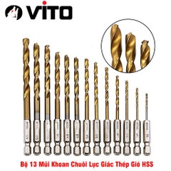 Bộ 13 Mũi Khoan Chất Liệu Thép Gió HSS Bọc Titanium VITO Chuôi Lục Giác Khoan Gỗ, Nhựa