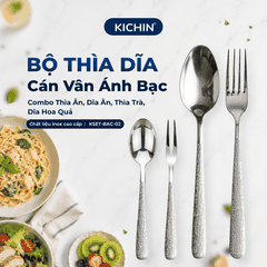 Bộ Thìa Dĩa Inox 304 KICHIN - Combo Thìa Ăn, Dĩa Ăn, Thìa Trà, Dĩa Hoa Quả Cao Cấp Cán Vân Ánh Bạc Sang Trọng, Chống Gỉ KSET-BAC-02
