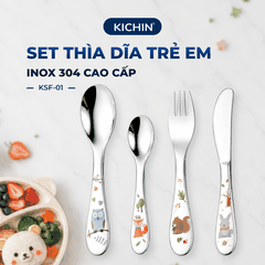 Set Thìa Dĩa Trẻ Em Inox 304 Cao Cấp KICHIN - Họa Tiết Động vật, An Toàn Cho Bé KSF-01