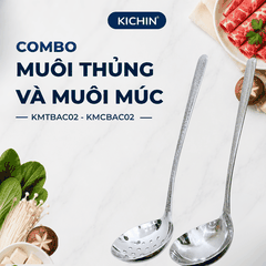 Combo 2 Muôi Múc Canh và Muôi Thủng Inox 304 Cao Cấp KICHIN - Cán Vân Ánh Bạc Sang Trọng, Chống Gỉ