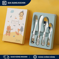 Set Thìa Dĩa Trẻ Em Inox 304 Cao Cấp KICHIN - Họa Tiết Động vật, An Toàn Cho Bé KSF-01