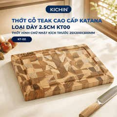 Thớt gỗ teak cao cấp KATANA loại dày 2.5cm size KT00 - thớt hình chữ nhật kích thước 25x200x300mm