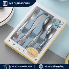 Set Thìa Dĩa Trẻ Em Inox 304 Cao Cấp KICHIN - Họa Tiết Động vật, An Toàn Cho Bé KSF-01