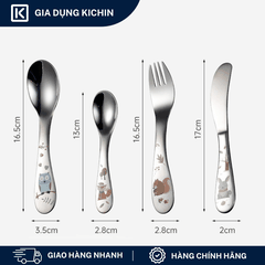 Set Thìa Dĩa Trẻ Em Inox 304 Cao Cấp KICHIN - Họa Tiết Động vật, An Toàn Cho Bé KSF-01