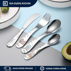 Set Thìa Dĩa Trẻ Em Inox 304 Cao Cấp KICHIN - Họa Tiết Động vật, An Toàn Cho Bé KSF-01