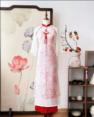 Áo dài Tứ thân hồng đào sương mai viền đỏ