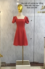 Váy xòe cổ vuông tay bồng Đỏ Cam