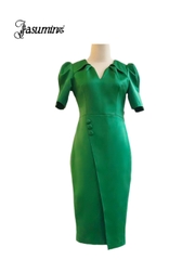 Váy lụa ép hai mặt cao cấp cổ tròn xẻ V Xanh lá